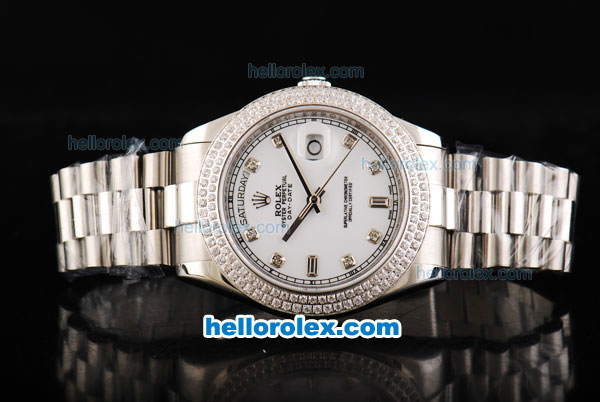 Rolex Day Date II Automatic Movement Full Steel with Double Row Diamond Bezel with Diamond Markers and White Dial - Click Image to Close